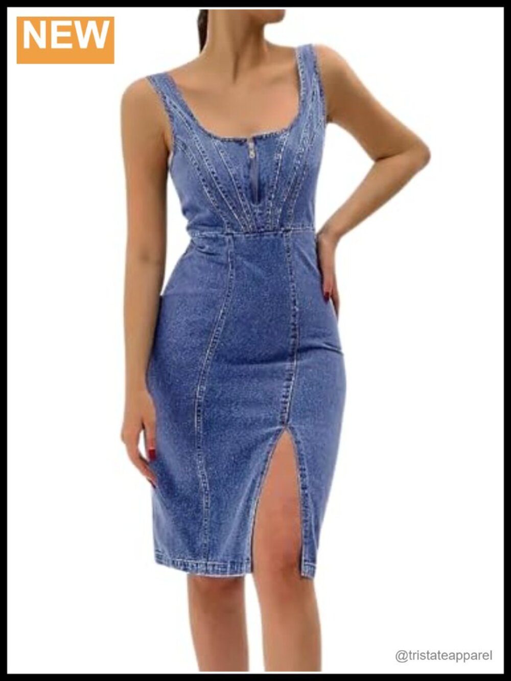 Women's Sleeveless Bodycon Denim Midi Dress Zipper Side Slit Slim Fit